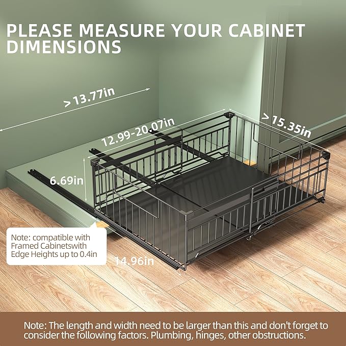 NETEL 2 Pack Expandable Pull Out Cabinet Organizer, Raised 6.69" guardrail, Adjustable Width 13"-20.07", 3 Rails No Drill Adhesive Peel And Stick, Adhesive Pull Out Drawers for Cabinets, Black