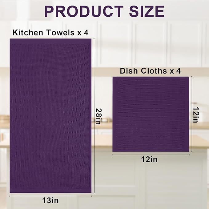 Homaxy 100% Cotton Kitchen Towels and Dishcloths Set - 8 Pack Waffle Weave Soft and Absorbent Dish Towels - 26 X 16 Inch and 12 X 12 Inch - Eggplant