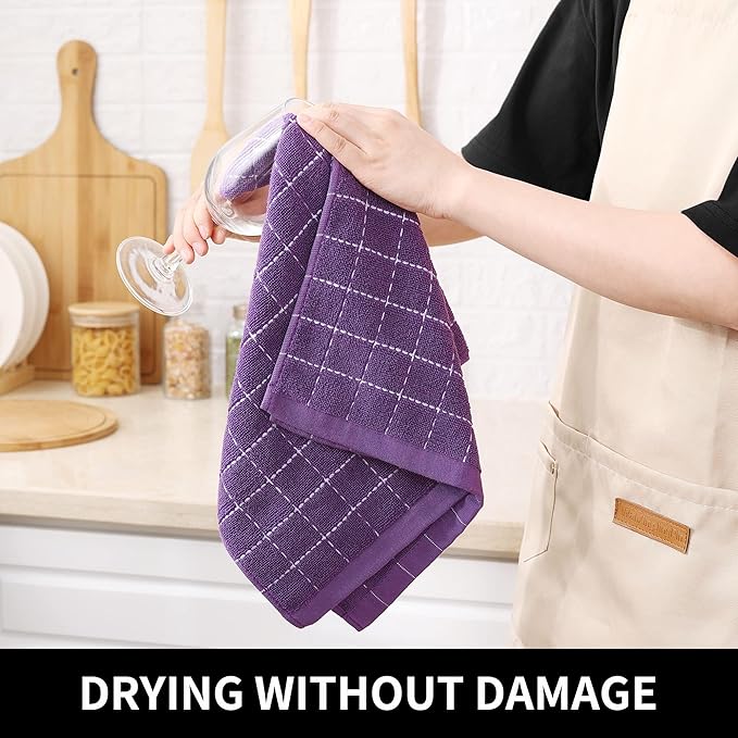 Homaxy 100% Cotton Terry Kitchen Towels(Purple, 13 x 28 inches), Checkered Designed, Soft and Super Absorbent Dish Towels, 5 Pack