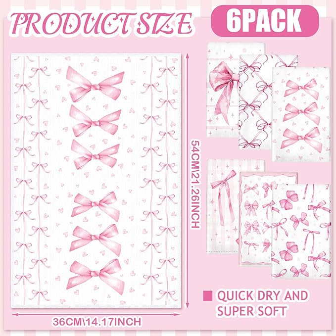 Breling Set of 6 Pink Bow Towels Vintage Pink Dish Towel Bathroom Decorative Rustic Cloths Tea Towels for Kitchen Bathroom Home Cooking Housewarming Valentines Gifts, 14 x 21 Inch