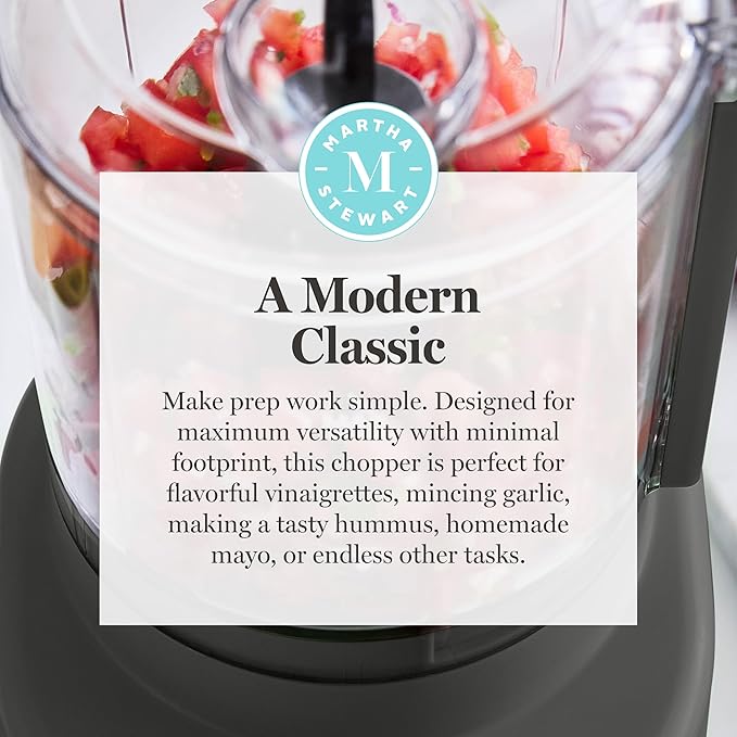 Martha Stewart 3 Cup Food Processor, Electric Vegetable Chopper, Stainless Steel Blades, 24oz BPA-Free Bowl, Pour Spout, Dicing, Mincing, Chop & Puree, Dishwasher Safe, Oil Chute, Easy-Clean, Caviar