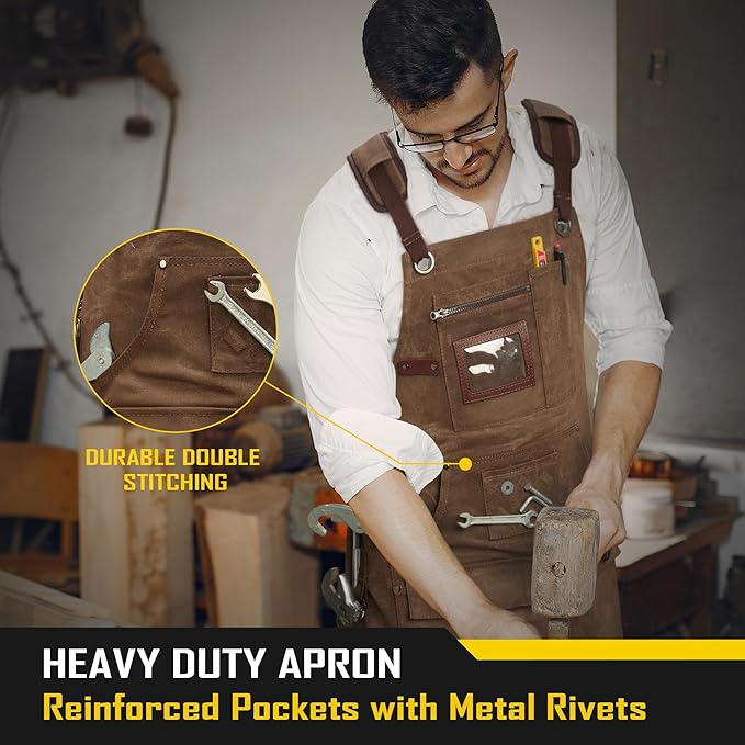 COOLJOB 16oz Waxed Canvas Work Apron with Tape Holder, Deep Pockets and Adjustable Strap, Men's Oversized Shop Apron