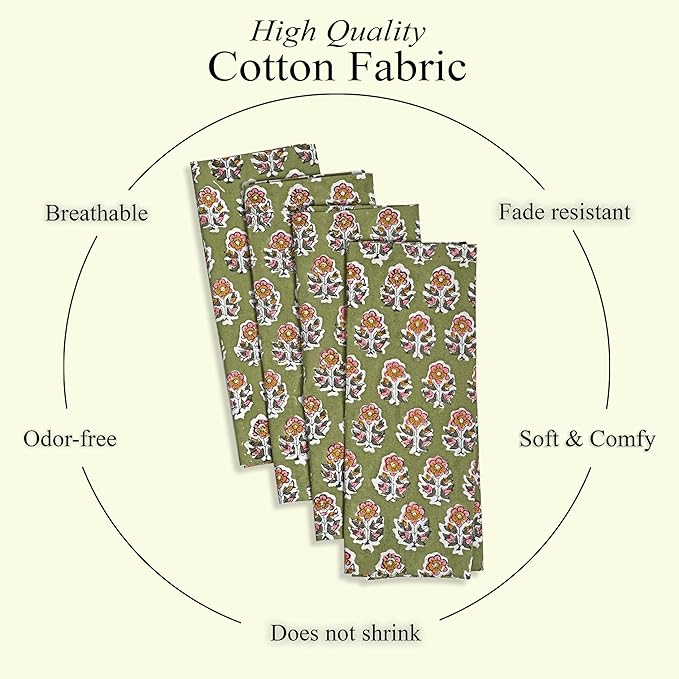 CPC Jade Green Indian Block Print Cotton Cloth Napkins Set of 4, 18x18 Reusable Everyday Napkins, Soft, Absorbent, Floral Dinner Napkin, Holiday, Party Gift, Spring,Mother's Day