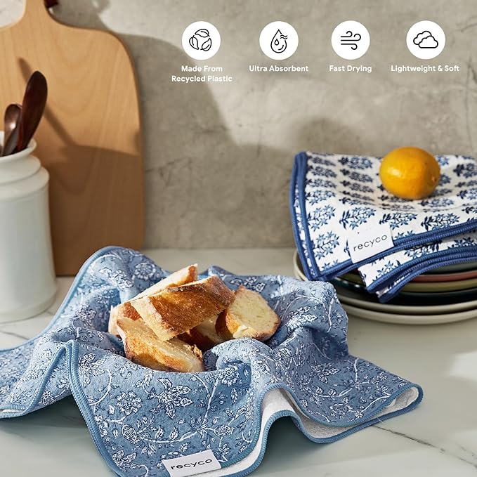 RECYCO Waffle Kitchen Towel Set of 2 - Quick Dry Microfiber Sustainable Dish Towels - Ultra Absorbent Reusable Cleaning Tea Towels - Lightweight Hand Towels,16”x 28”, Porcelain Blue