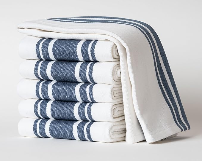Kitchen Towels Set – Pack of 6 (20’’ x 30’’) Extra Large Premium Cotton Dish Towels for Kitchen – Super Striped Towels – Absorbent – 100% Cotton – with Hanging Loop – Blue