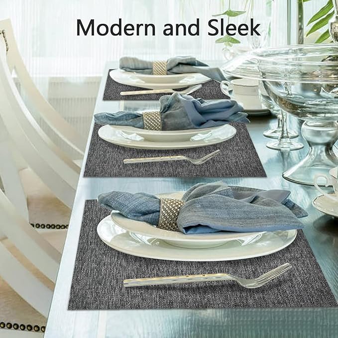 DACHUI Placemats Set of 4, Linen Look Woven Place Mats, Water Resistant, Heat Resistant, Washable, Durable Table Mats (Dark Grey)