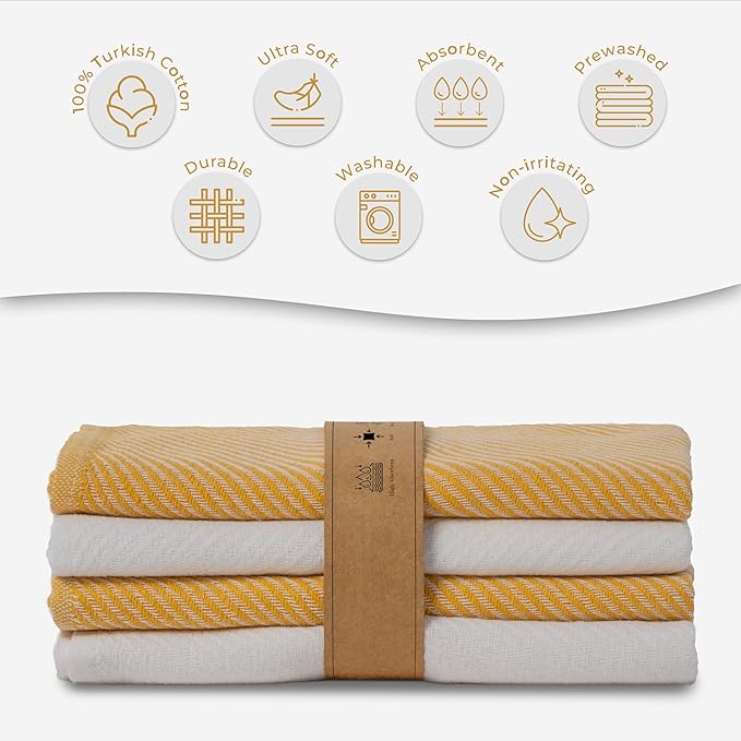 Ossano Kitchen Hand Towels - 4 Pack, (20" x 30") - Soft & Quick Dry - Versatile as, Turkish Kitchen Towels, Cozy Hand Towel, Vintage Kitchen Towels, Dishcloths, Mustard and Ecru