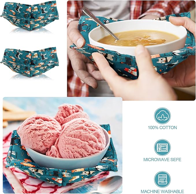 Cunhill 4 Pcs Cotton Microwave Bowl Cozy Holders for Hot Food Hot Pads Soup Bowl Potholders Heat Resistant Multipurpose Quilted Safe Holders for Kitchen Plate Supply(Blue,Dog Style)