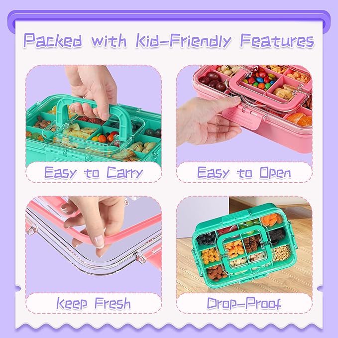 Xyptorix 2 Pcs Snack Box Container for Kids - Adjustable 12-Compartment Snack Containers, Reusable Bento Box, Dishwasher Safe, BPA-Free, Perfect for School, Travel, Camping & Picnic, Pink & Green