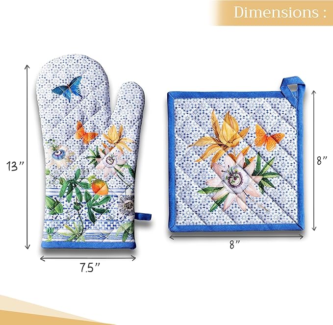 Maison d' Hermine 100% Cotton Oven Mitt & Pot Holder Set (7.5"x13" & 8"x8") Heat Resistant BBQ Cooking Gloves with Loop Baking Grilling Kitchen Gifts for Mothers Day Spring/Summer (Passiflora)