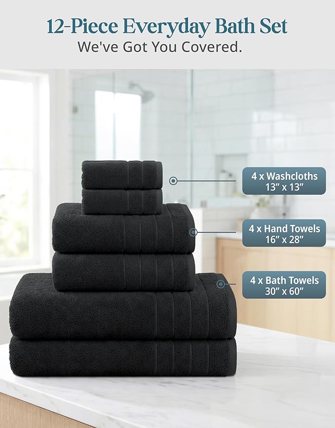 CASA PLATINO 100% Cotton Towel Set for Bathroom - 12 Piece - Super Soft, Hotel Quality - 4 Bath, 4 Wash Cloths, 4 Hand Towels for Bathroom - Classic, Best Value Pack, Ideal for Spa & Daily Use - Black