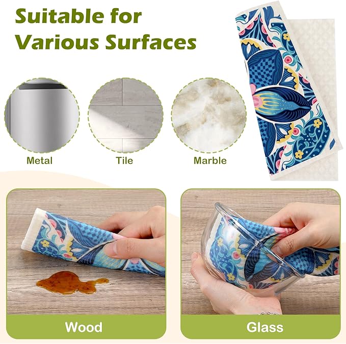 6 Packs Swedish Paper Cloths for Kitchen, Reusable Paper Towels Washable Dish Rags, Highly Absorbent Kitchen Towels Quick Drying Swedish Sponge Cleaning Dish Cloths(Blue Retro Floral)
