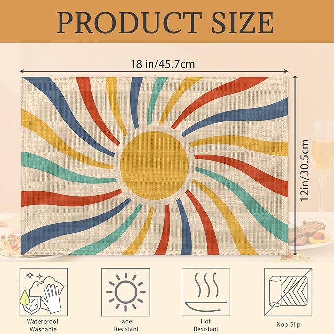 Vintage Sun Retro Swirl Placemats Set of 6 Place Mats for Kitchen Table Washable Farmhouse Linen Table Mats Dining Decoration 12x18 Inch