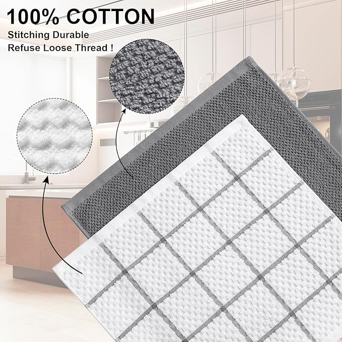 12 Pack Kitchen Towels and Dishcloths Set, 100% Cotton Soft and Absorbent Kitchen Towels 16 x 25 inche & 13 x 13inche Dishcloths
