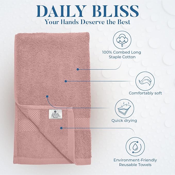 DAN RIVER 6-Pack Premium Hand Towels (16x28 Inches) - 100% Cotton, Ultra Soft, Lightweight, Highly Absorbent Towels for Bathroom, Spa, Gym, Salon, Hotel, and Travel - Dusty Pink