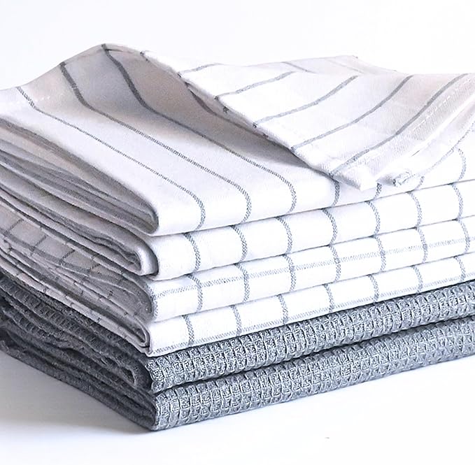 Cotton Dish Towels For Kitchen Drying - Highly Absorbent Wide Light Gray Striped Plaid Tea Towels - 18"X28" Set Of 6 Farmhouse Linen Dishtowels In Bulk - Pano De Prato Para Cozinha - T Towles Towls