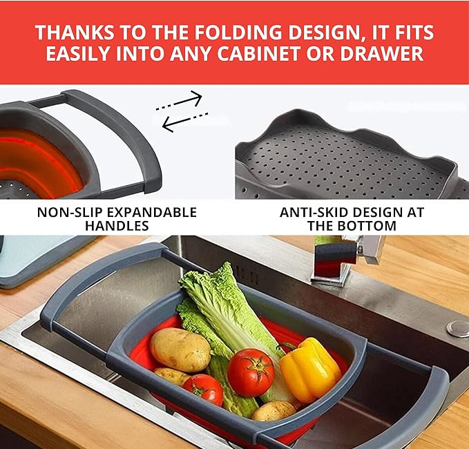 Set of 3 Red Food Strainer for Kitchen - Silicone Sieve Small Foldable Colander for Pasta and Spaghetti Multifunctional Silicone Collapsible Strainer for Camping