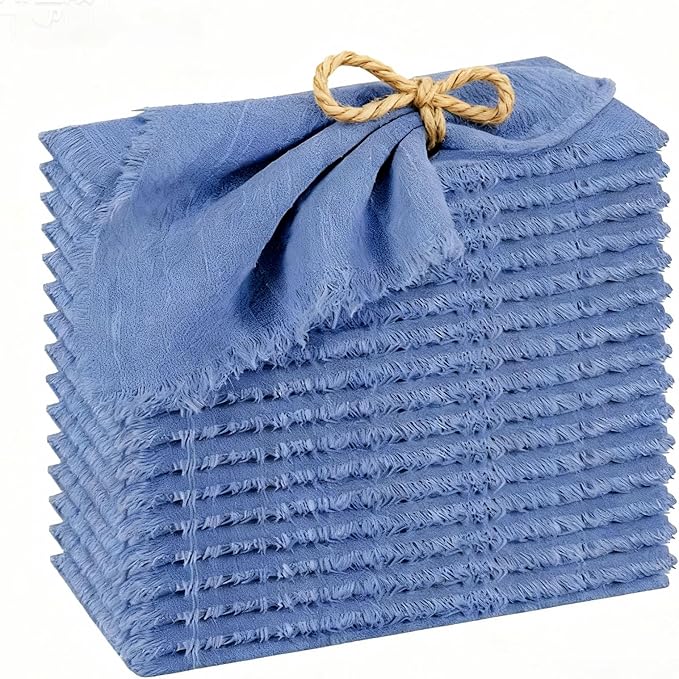 Cotton Blend Fringe Cloth Napkins - Crinkle Gauze Dinner Napkins, Reusable & Washable Table Napkins, 17" x 17" (43 x 43 cm), Multiple Colors, 12/24/48/100 Pack (12, Blue)