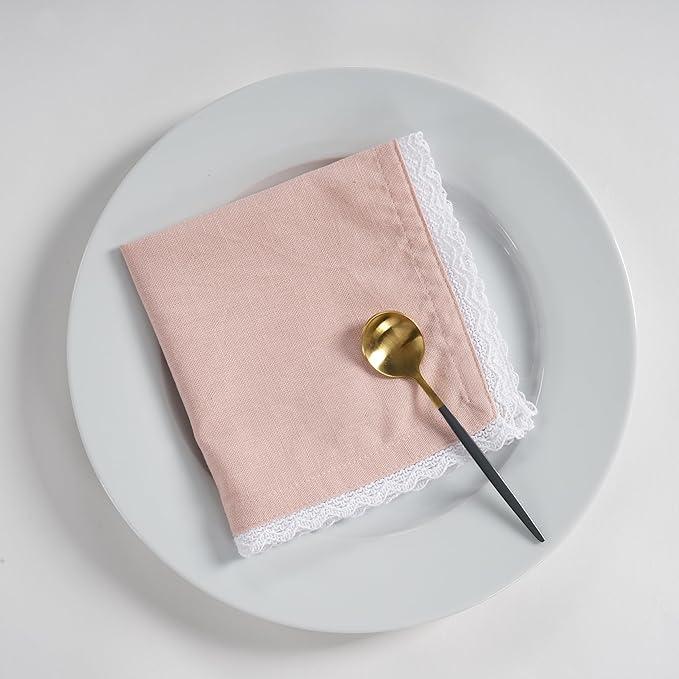 Fingercraft Dinner Cloth Napkin Cotton Linen Blend 12 Pack Mitered Corners with Elegant Lace for Everyday Use Napkins are Pre Shrunk and Good Absorbency (Pink, 12in x 12in) Easter Color