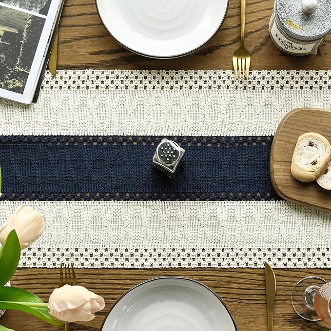 Artoid Mode Dark Blue Farmhouse Rustic Table Runner, Seasonal Holiday Hollow Kitchen Dining Table Decoration for Home Party Decor 12x60 Inch