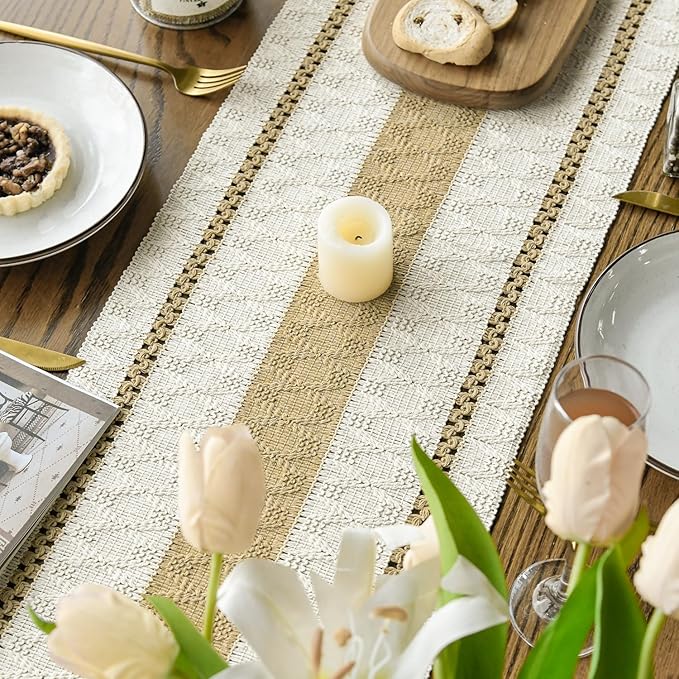 Artoid Mode Burlap Brown Farmhouse Woven Rustic Table Runner, Seasonal Holiday Hollow Kitchen Dining Table Decoration for Home Party Decor 12x120 Inch