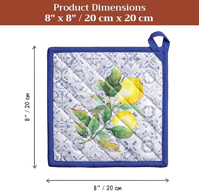 Maison d' Hermine Pot Holders 100% Cotton Heat Resistant Potholders 8" x 8" Hot Pads with Loop BBQ Cooking Baking Gifts for Mothers Day Handling Hot Pans Spring/Summer (Pack of 1, Citrus)