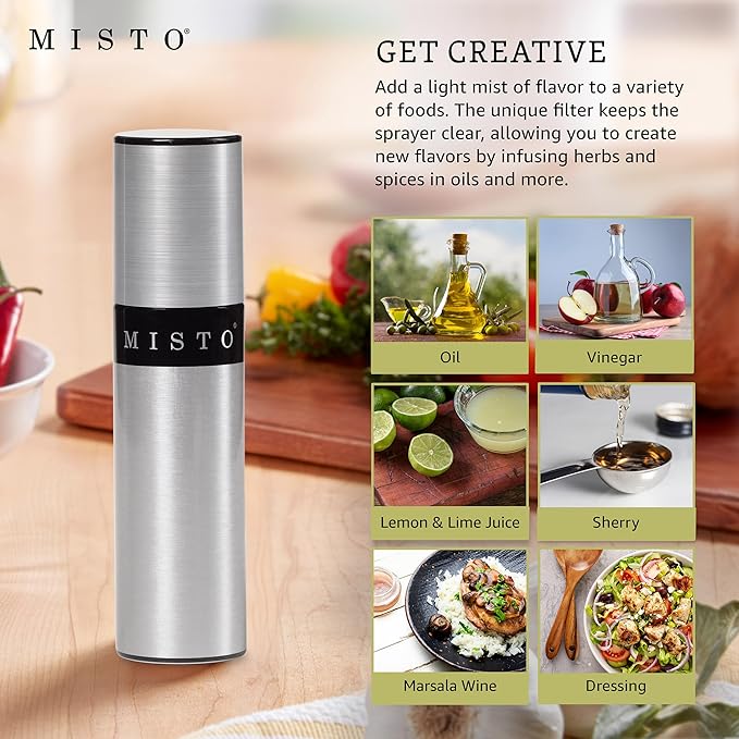 Misto Aluminum Oil Sprayer, Set of 2, Versatile Refillable Aerosol Sprayers for Olive Oil, Vinegar, Lemon Juice, Dressings, and More, Ideal for Cooking, BBQ, and Air Fryers