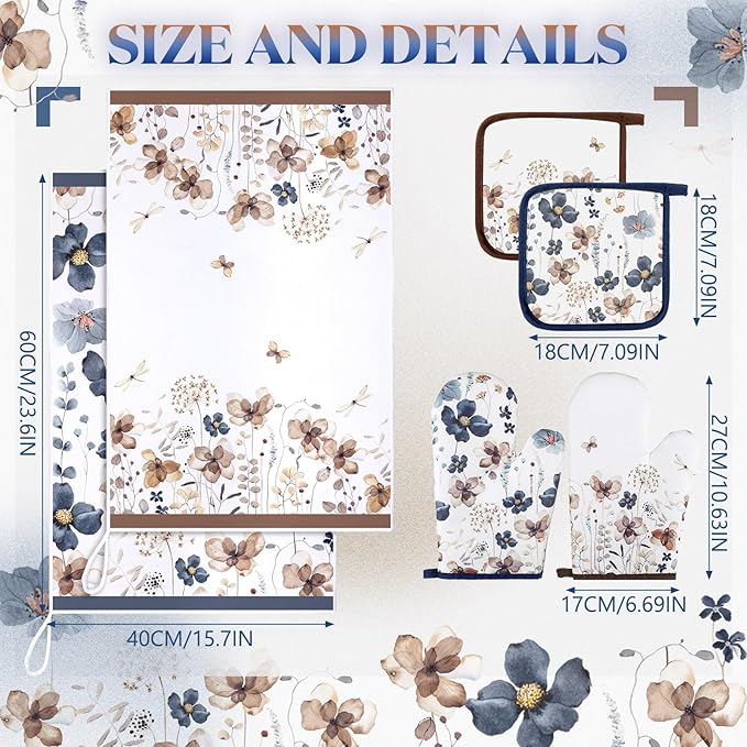 Teenyyou 6 Pcs Spring Brown Poppy Floral Kitchen Towels Oven Mitts and Pot Holder Sets Farmhouse Summer Wildflower Decoration for Home Cleaning Daily Kitchen Cooking Baking Grilling Gifts for Mother