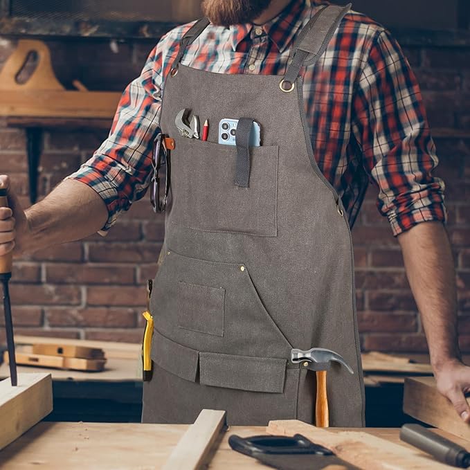 Men's Canvas Tool Apron, Heavy Duty Multi-Pocket Work Apron for Woodworking Gardening Bartender Adjustable Straps