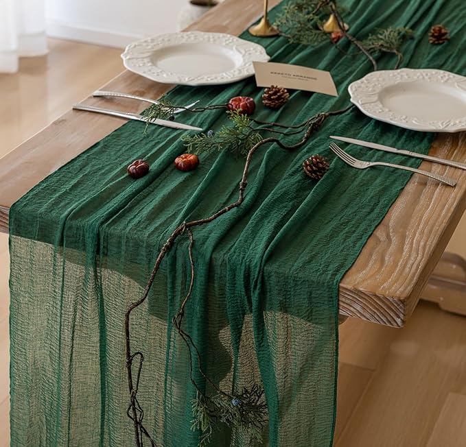 Keketoarrange 6pcs Emerald Green Table Runner Cheesecloth Gauze 120 Inch 10 FT Rustic Boho Cheese Cloth Table Decor for Wedding Baby Bridal Shower Party Long Sheer Vintage Spring Home Decorations