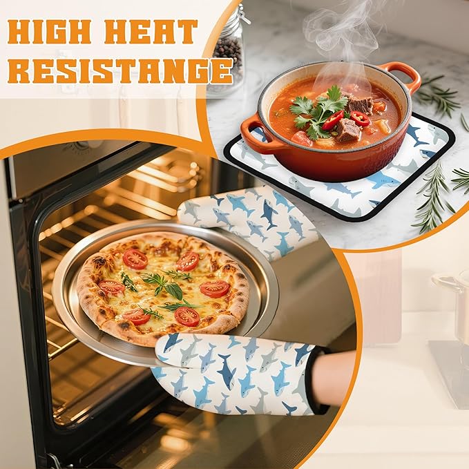 Cute Shark Oven Mitts and Pot Holders Set,Kitchen Decor Heat Resistant Non Slip Hot Pads and Oven Mitt for Chef Cooking Baking BBQ Mom Girl Gifts(4 Piece Set)