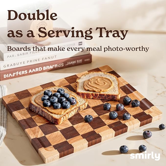 SMIRLY Wood Cutting Boards for Kitchen Wooden Chopping Board Set Reversible with Deep Juice Grooves Grip Handles, Large Charcuterie Tray for Home Kitchen, Rubber Wood, 3Pcs with Holder