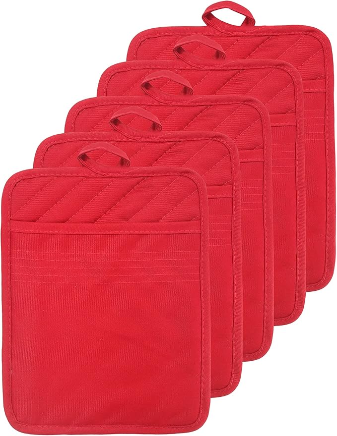 Oven Pot Holder with Pocket Cotton Heat Resistant Coaster Potholder Kitchen Hot Pad Oven Mitts for Cooking Square 7"x9"Set of 5 (Red)