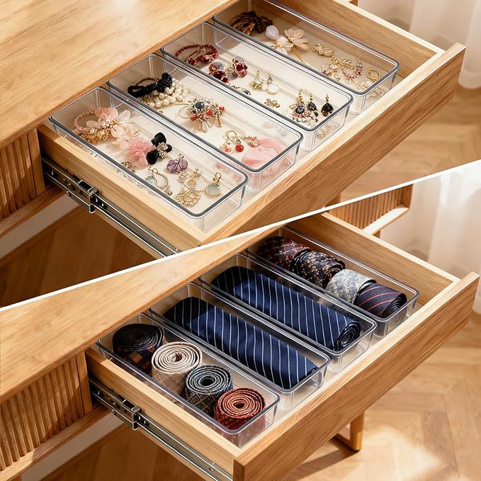 Ohlove 6 Pcs Large Clear Plastic Drawer Organizers Tray 12"x3" Storage Bins with 25 Pcs Non-Slip Pads for Makeup, Jewelries, Kitchen Utensils, Bathroom and Office