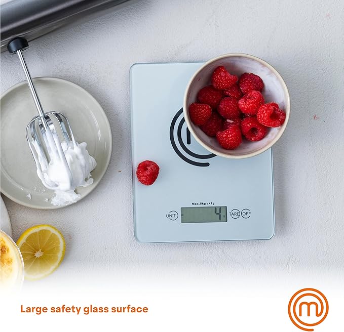 MasterChef Digital Food Scale Grams and Ounces for Kitchen, Portable Food Weight Scale with LCD Display for Baking & Cooking, Tempered Glass Scales, Weighing Precision of 0.1oz, 11lb Weight Capacity