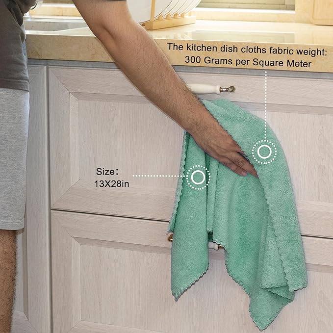 kimteny Kitchen Cloth Dish Towels, 13x28 Inches Premium Dishcloths, Super Absorbent Coral Velvet Microfiber Cleaning Cloths, Fast Drying Rags for Washing Dishes (13x28-6 Pack, Green)