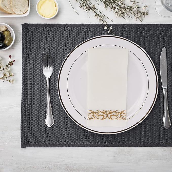FOCUSLINE 200 Linen Feel Disposable Bathroom Napkins, Soft and Absorbent Paper Guest Towels, Cloth-Like Paper Hand Towels Decorative Napkins for Parties, Weddings, Dinners or Events, Gold, 12" x 17"