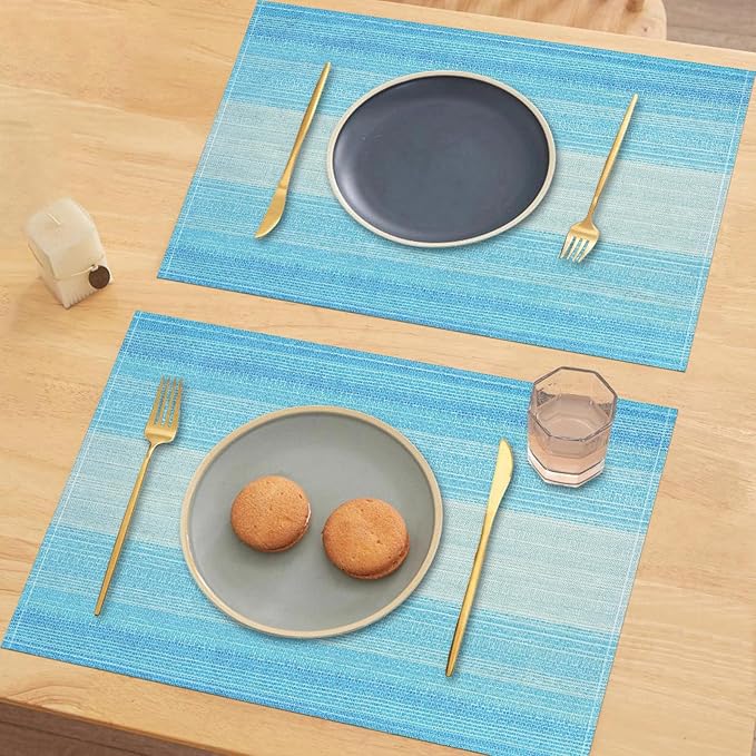 Niviy Blue Placemats Set of 8, 12x18 Inch Washable Easy to Clean Heat-Resistant Anti-Skid Table Mats for Holiday Party Kitchen Dining Room Decoration