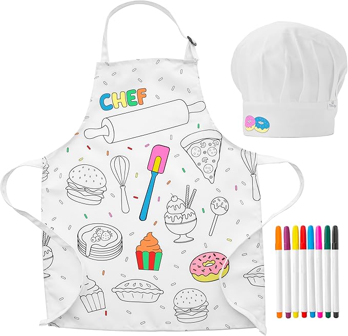TOVLA JR. Apron Gift Set for Kids with Pocket for Boys and Girls, Comfortable Cotton Canvas for Baking and cooking