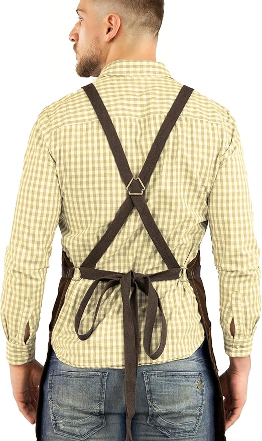 Under NY Sky Essential Chocolate Brown Apron – Cross-Back with Durable Twill and Leather Reinforcement, Adjustable for Men and Women – Pro Chef, Tattoo Artist, Baker, Barista, Bartender, Server Aprons