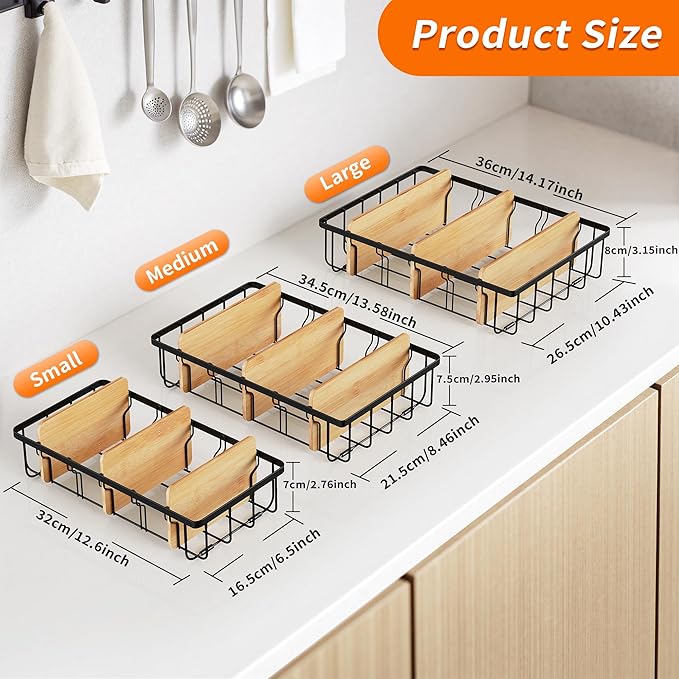 3-Pack Adjustable Lid Organizers - Large Kitchen Cabinet Organizer for Food Storage Container and Tumbler Cup Lids with 9 Bamboo Dividers - Organizers in Cabinet Kitchen/Pantry/Laundry Room