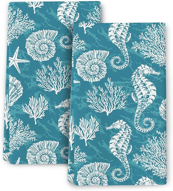 Teal Green Kitchen Towels Decorative Set Set of 2 Absorbent Dish Towels for Kitchen Bathroom Farmhouse Home Decor (Seahorse Corals, 16x24 Inch)