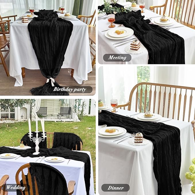 IVAPUPU 2 Pcs Cheesecloth Table Runner - 10ft Black Spring Boho Gauze Black Cheese Cloth Table Runners for Indoor Baby Shower Decorations Wedding Party Garden Decor