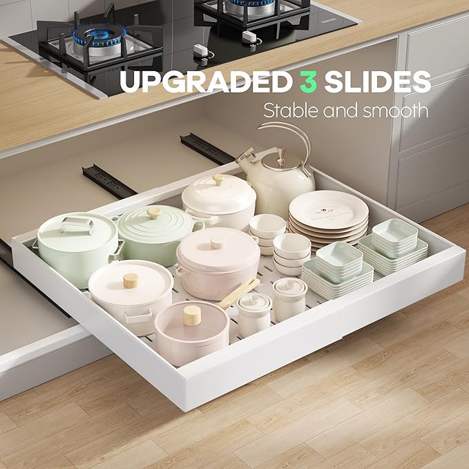 Seinloes 4 Pack Pull out Cabinet Organizer 21" Deep With Raising Pad for Framed Cabinets,Expandable (15.2"-26.3"W) Slide out Drawers for Kitchen Cabinets with 4pcs Divider Racks,Roll out Shelves,White