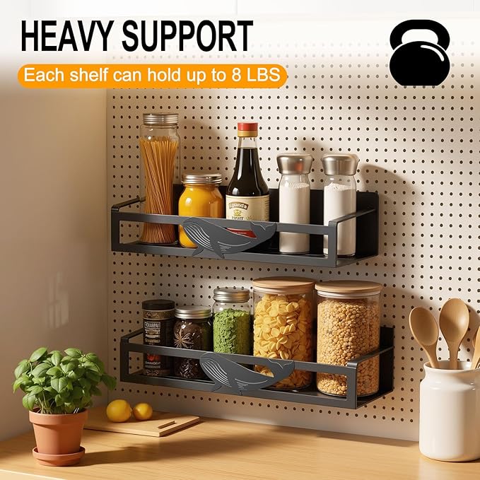 Magnetic Spice Rack for Refrigerator, 2 Pack Metal Magnetic Shelf Organizer for Fridge Side, Strong Spice Storage Rack for Kitchen, Black