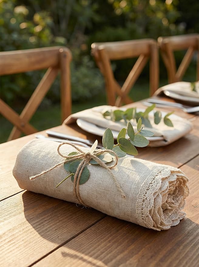 Flax Lace Cloth Dinner Napkins Set of 4 Natural - 20x20 Inches, Premium Cotton Linen Reusable Dinning Table Napkin Ideal for Spring, Easter, Birthday | Washable Everyday Use Napkin for Banquet Event