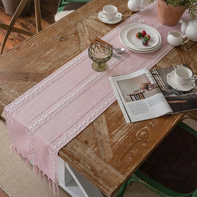 Niviy Pink Table Runner 72 Inches Long with Tassels - Gifts for Women, Birthday Table Decorations Linen Runners for Wedding Party Baby Shower Decor (Pink, 12"×72")