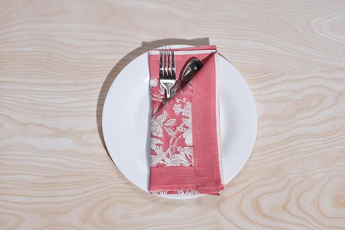 CPC Mix Border Indian Block Print Cotton Cloth Napkins Set of 4, 18x18 Reusable Everyday Napkins, Soft, Absorbent, Floral Dinner Napkin, Holiday, Party Gift, Spring,Mother's Day