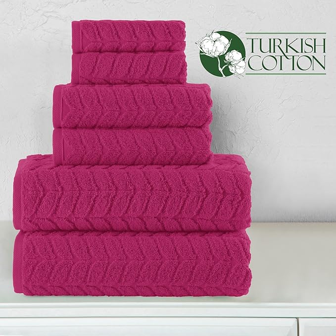 Elegant Comfort Luxury 6-Piece 100% Turkish Cotton Jacquard Braided Textured Premium Hotel Quality Towel Set– Soft and Absorbent, Includes 2 Bath Towels, 2 Hand Towels and 2 Washcloths, Hot Pink