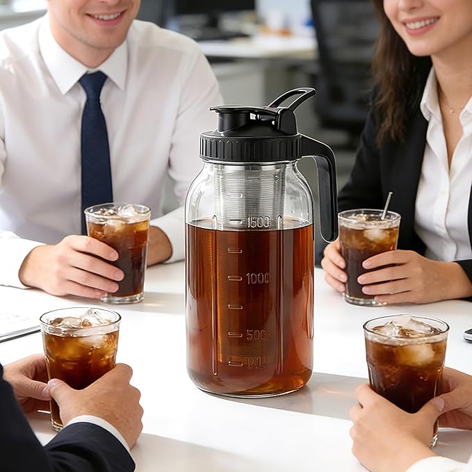 Cold Brew Coffee Maker 64 Oz Wide Mouth Mason Jar Pitcher With stainless steel Filter 2 Quart Airtight & Leak-Proof cold brew pitcher with pour spout lid and handle For iced Coffee Tea and lemonade